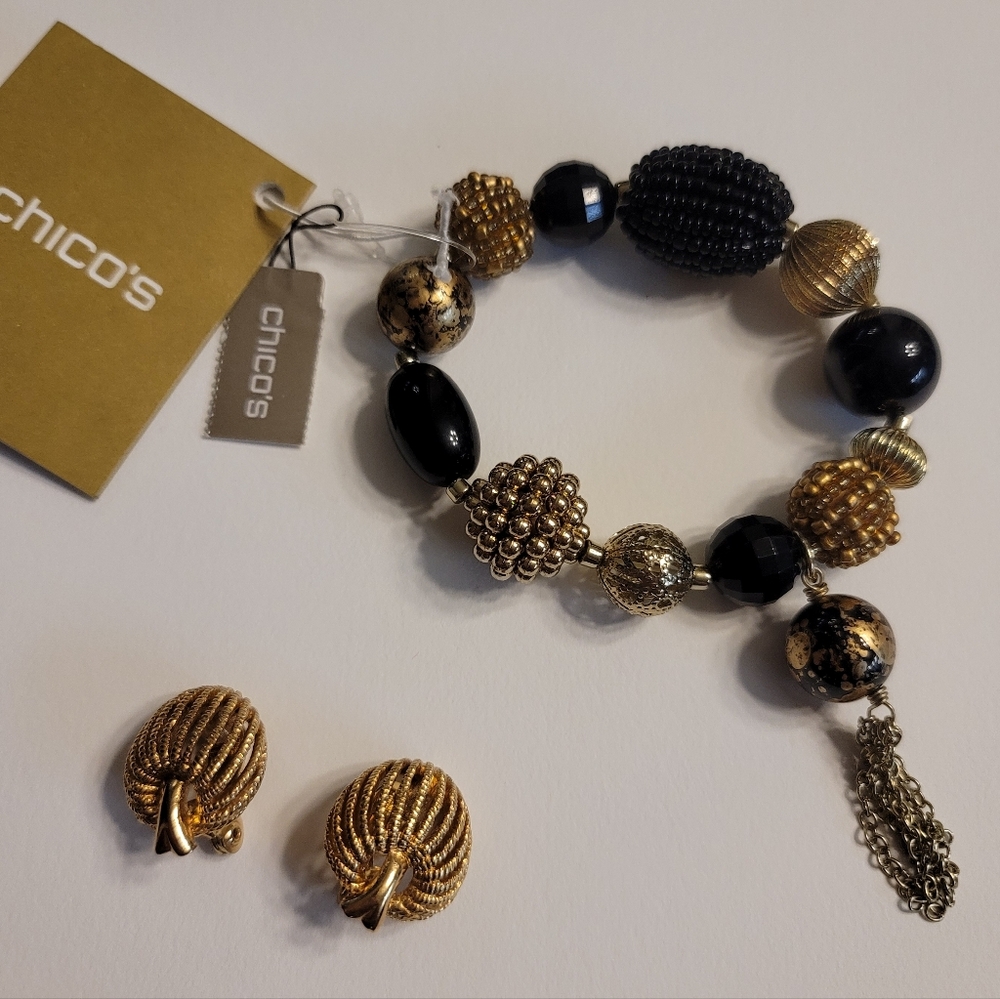 NWT - Chico's Elegant Gold & Black Bracelet With Chain Tassel - Picture 7 of 7